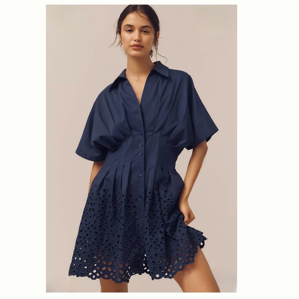 Navy Eyelet Short Sleeve Mini Dress